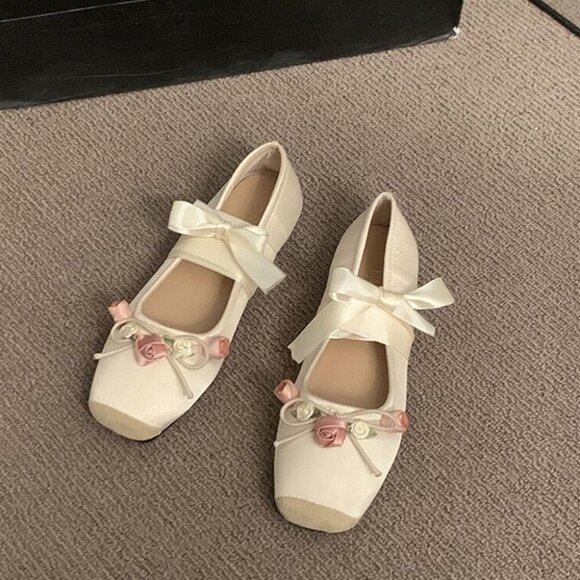 Women Beigeflower Canvas Lace Up Ankle Strap Floral Dressy Ballet Flats Shoes - Picture 4 of 6